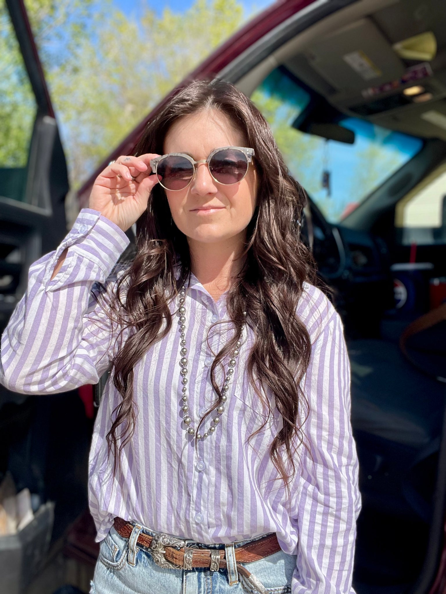 Stripe Button Up Shirt- Lavender