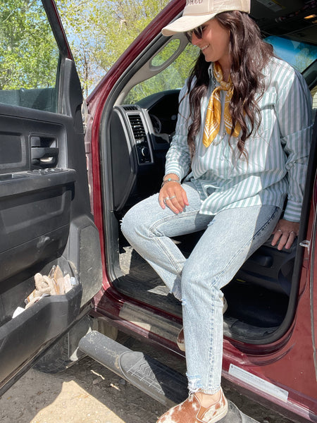 Stripped Button Up Shirt- Sage