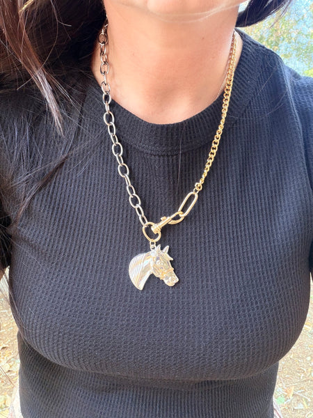 18" 18K Two Toned Plated Chain Necklace with Horse Pendant