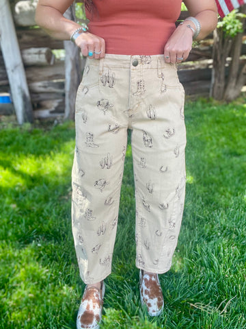 Western Print Barrel Pants
