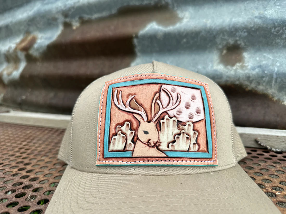 The Jackalope Hand Tooled Leather Patch Hat