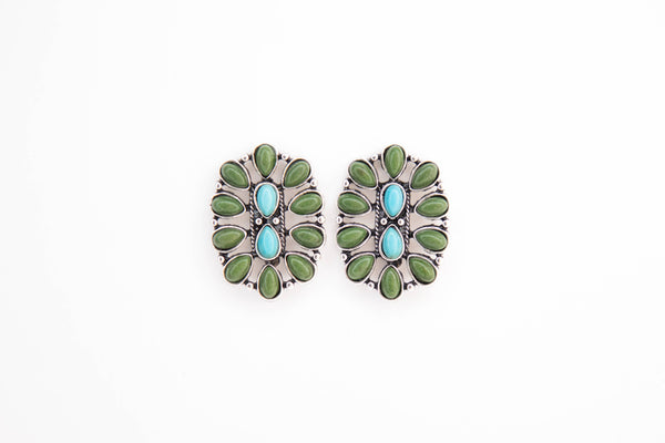 1.25" Turquoise and Green Oval Cluster Post Earring